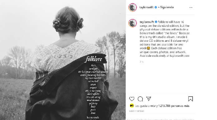 TAYLOR SWIFT Presenta su octavo álbum de estudio ‘”Folklore” y “Cardigan”, el primer sencillo
