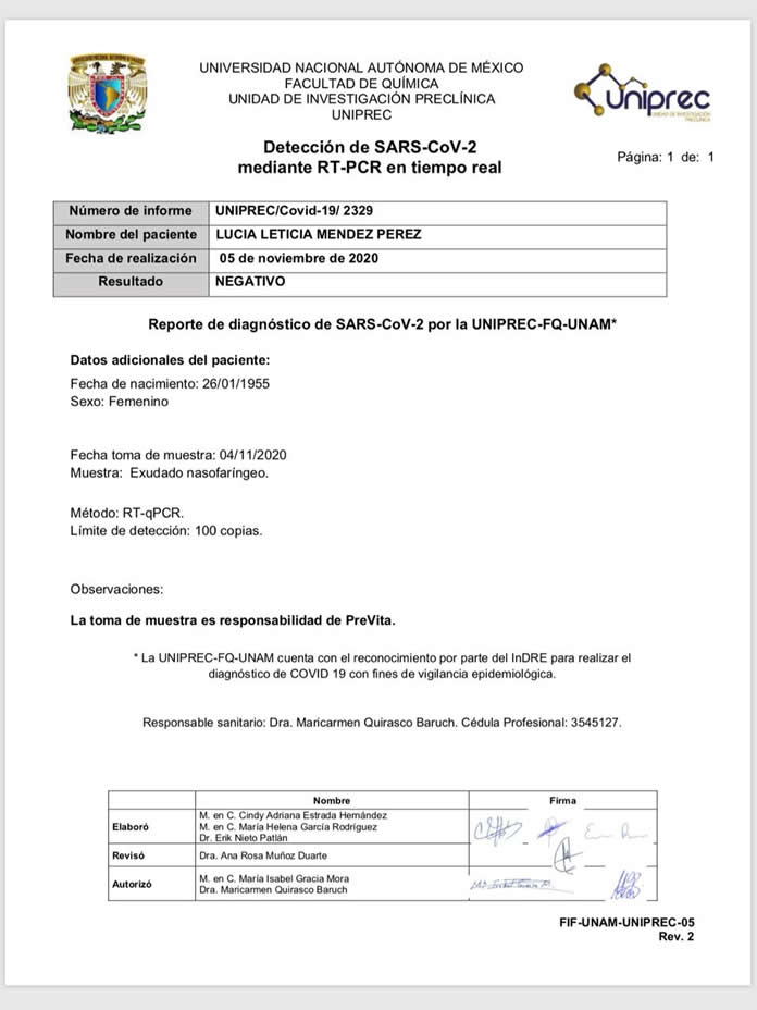 Resultados LUCÍA MÉNDEZ Prueba COVID-19