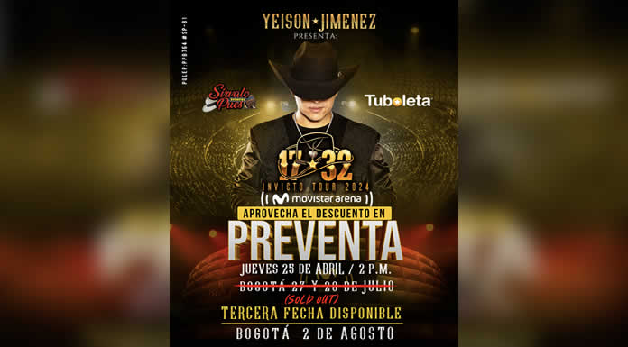 YEISON JIMÉNEZ anuncia la tercera fecha para “1732 INVICTO TOUR” despues del DOBLE SOLD OUT en el MOVISTAR ARENA